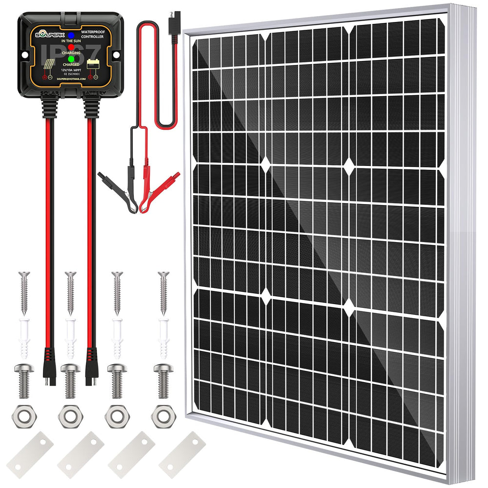 SOLPERK 50W solar panel front view with adjustable bracket