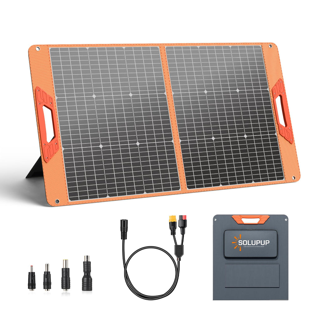 SOLUPUP 100W Portable Solar Panel front view with orange finish