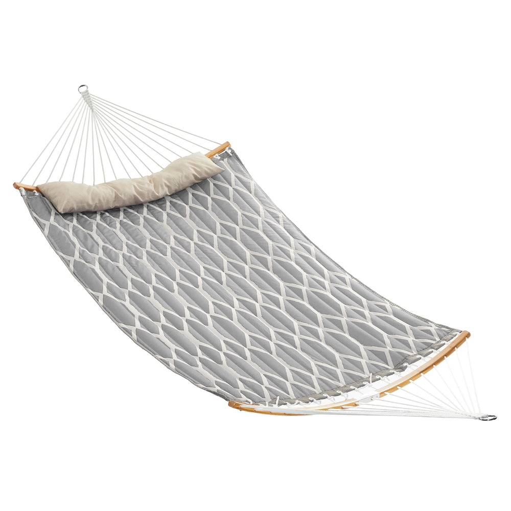 SONGMICS Quilted Double Hammock grey model front view with padded pillow