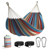 Sorbus Brazilian Double Hammock front view with blue and red stripes