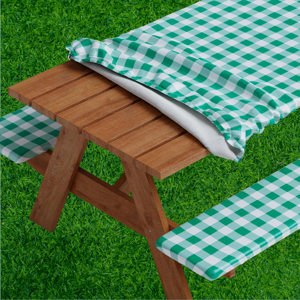 Sorfey Picnic Table Cover Set front view with checked green design