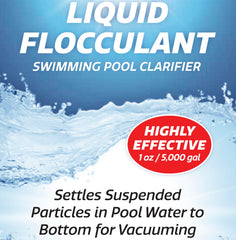 SpaChoice Liquid Flocculant on a table with pool accessories