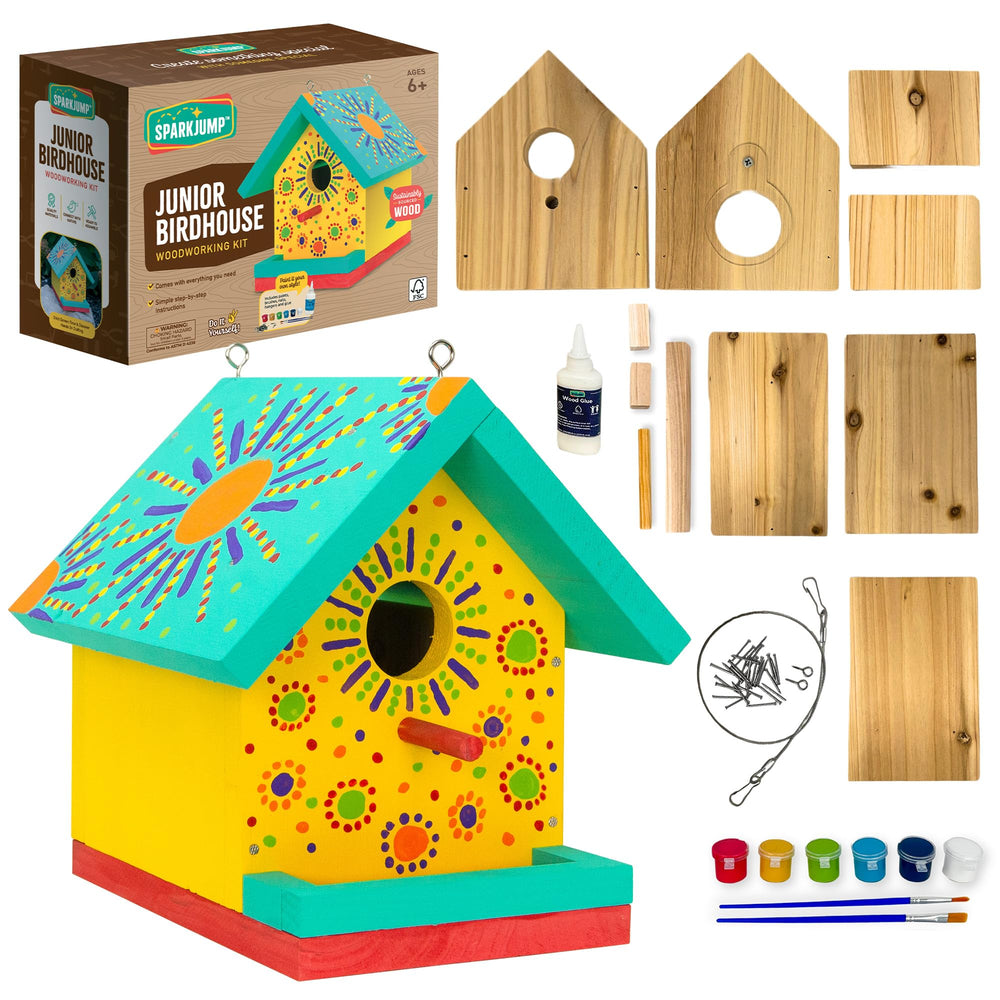 SparkJump Jr Bird House Kit contents including cedar wood pieces and paints
