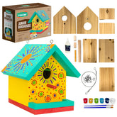 SparkJump Jr Bird House Kit contents including cedar wood pieces and paints