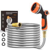SPRIKIR 25ft metal garden hose with nozzle, chrome finish