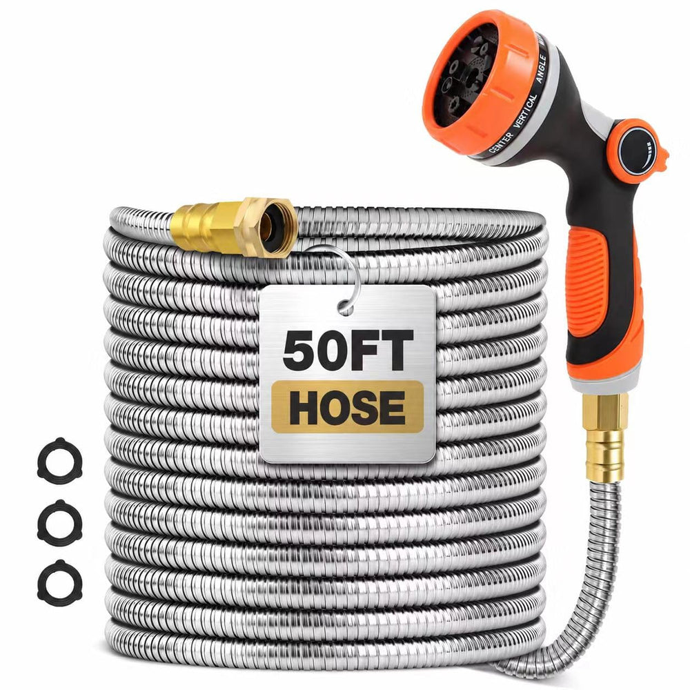 SPRIKIR Metal Garden Hose 50 ft with ergonomic nozzle