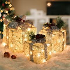 SPRKLINLIN set of 3 lighted gift boxes in gold burlap front view