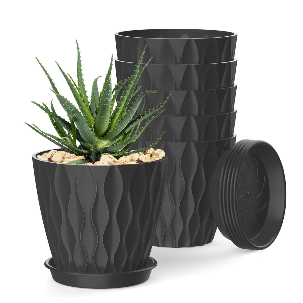 SQKH 4 Inch Plant Pots black set of 6 with trays