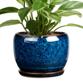 SQOWL Ceramic Planter 8 Inch blue front view with saucer