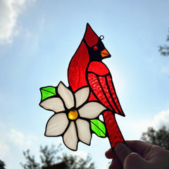 Stained glass red cardinal suncatcher close-up
