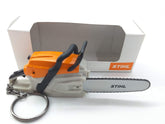 Stihl Battery Operated Chainsaw Keyring front view in orange