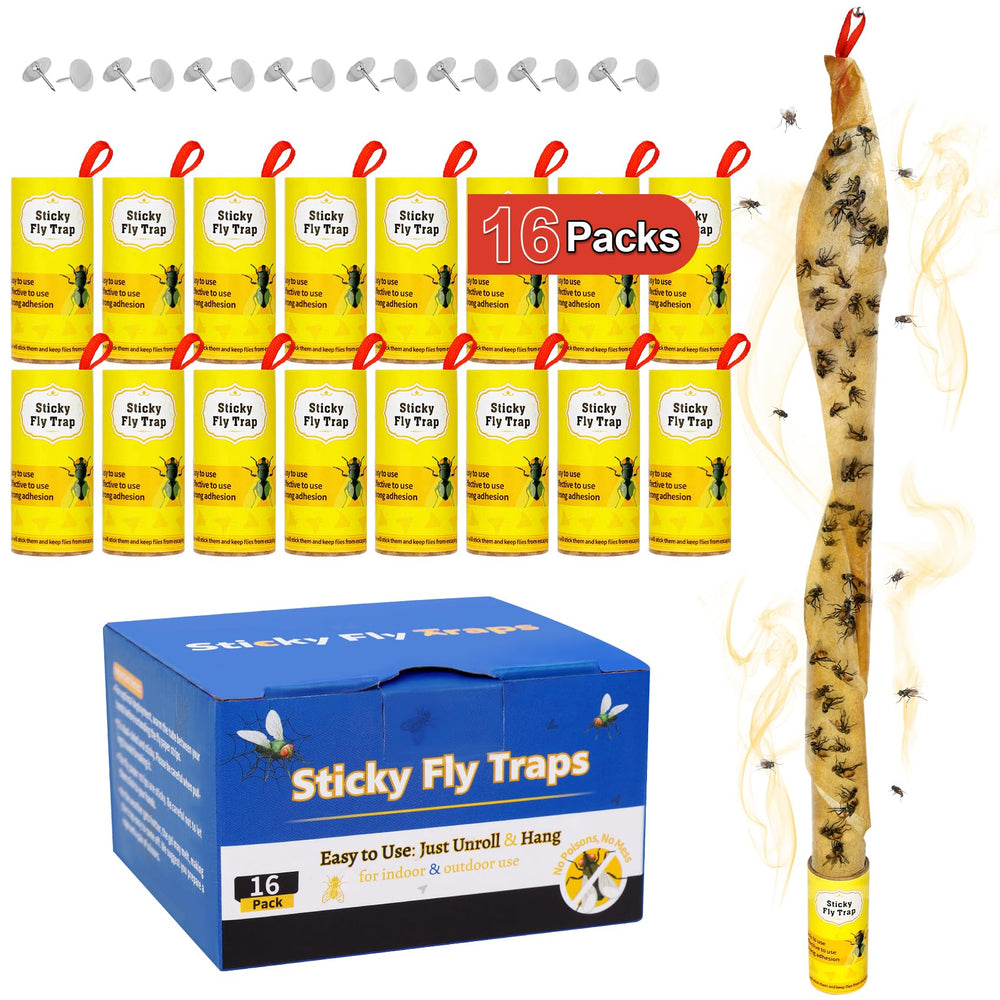 Stingmon 16 Pack Sticky Fly Strips, yellow colour, front view