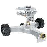 STYDDI Metal Pulsating Sprinkler front view with wheeled base
