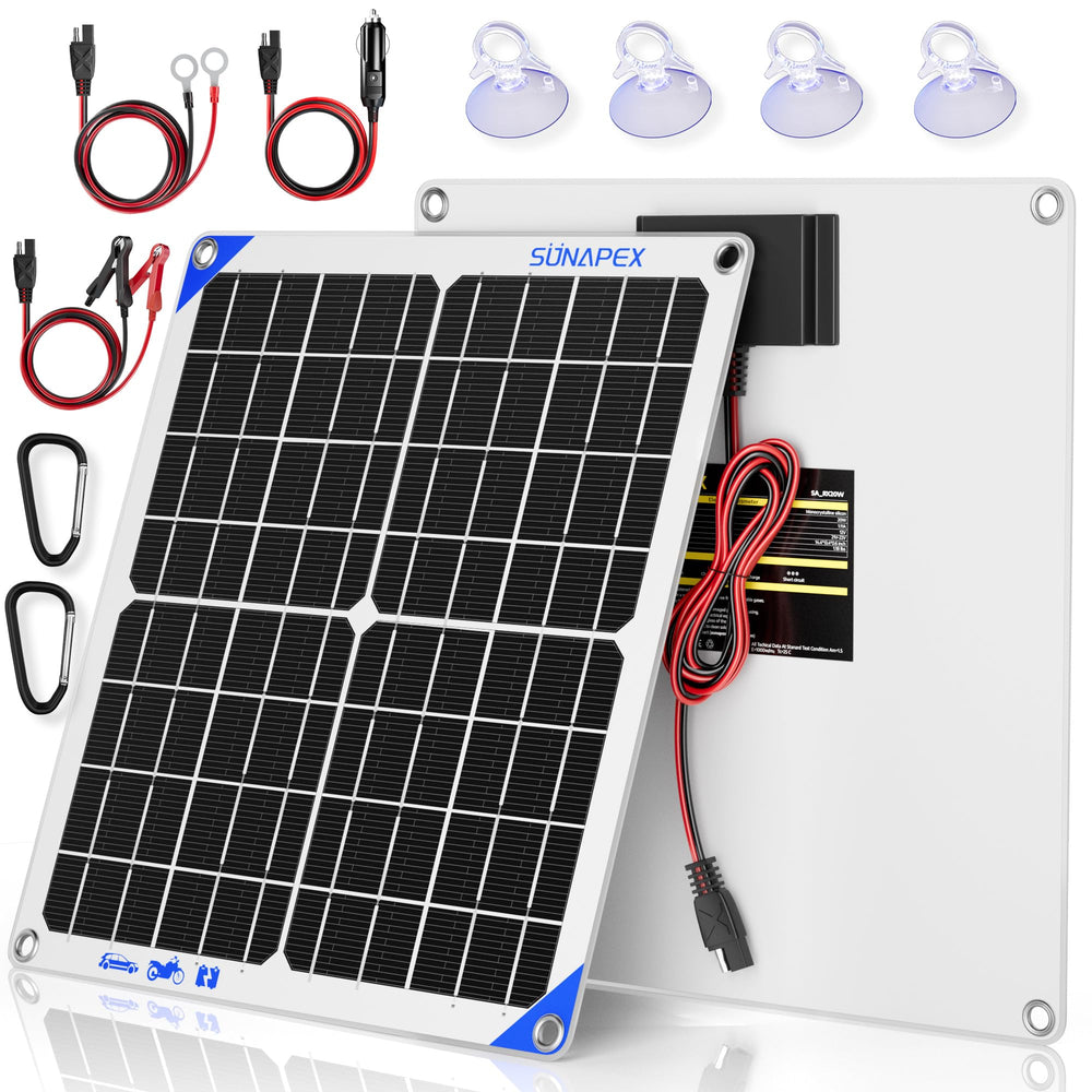 SUNAPEX 12V 20W Solar Trickle Charger front view, white