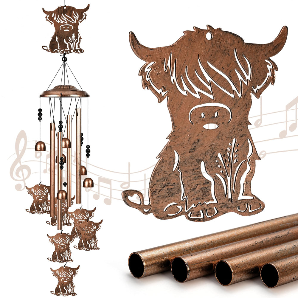 SUNCKET Highland Cow Wind Chime front view with antique bronze finish