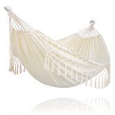 SUNCREAT Camping Double Hammock beige with tassels front view