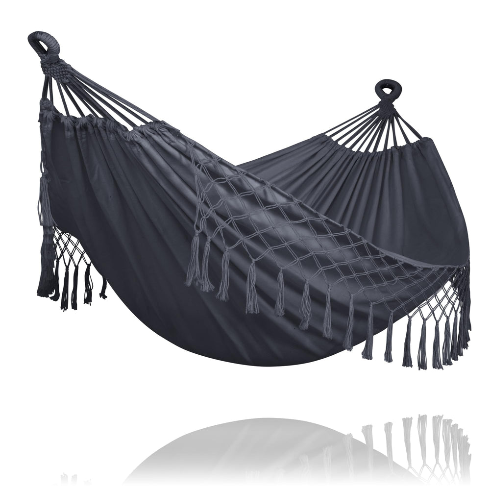 SUNCREAT Camping Double Hammock in dark gray with tassels front view