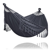 SUNCREAT Camping Double Hammock in dark gray with tassels front view