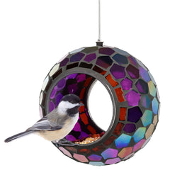 Sunnydaze Mosaic Glass Bird Feeder front view in iridescent purple