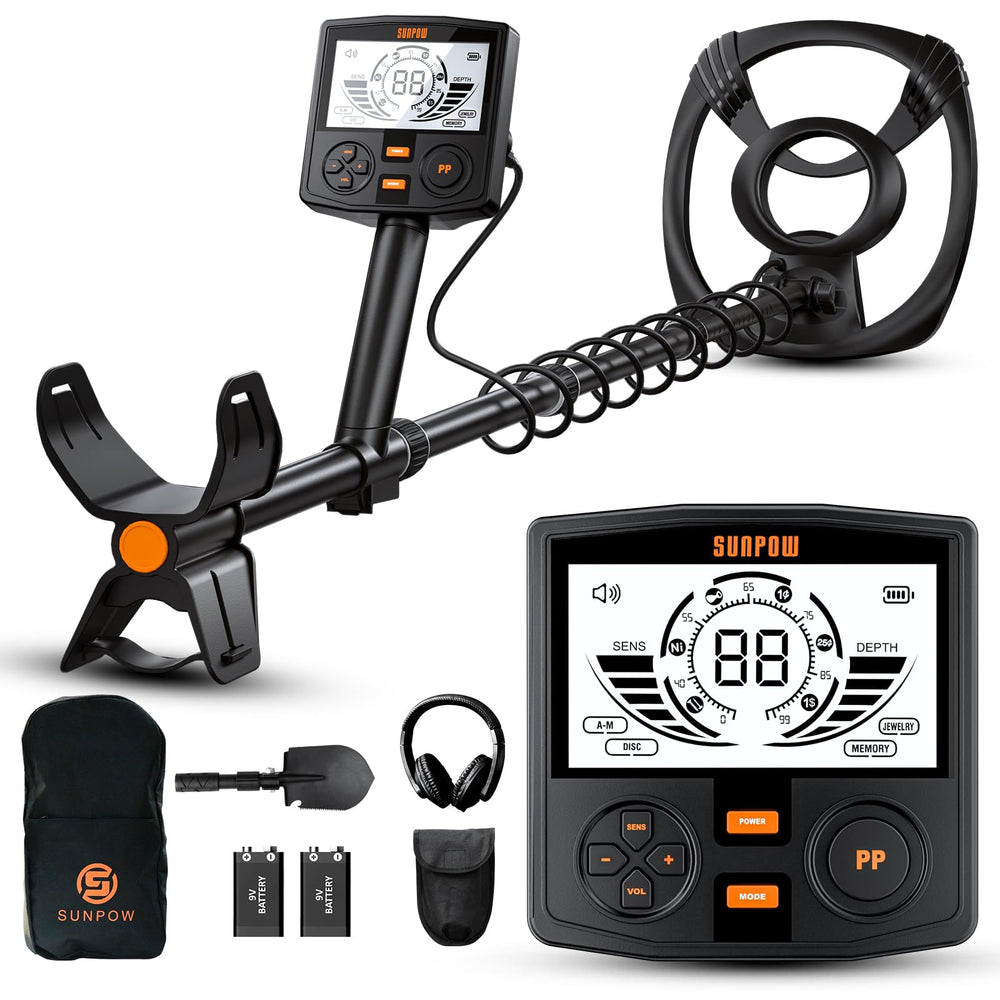 SUNPOW metal detector front view with 12 inch waterproof coil