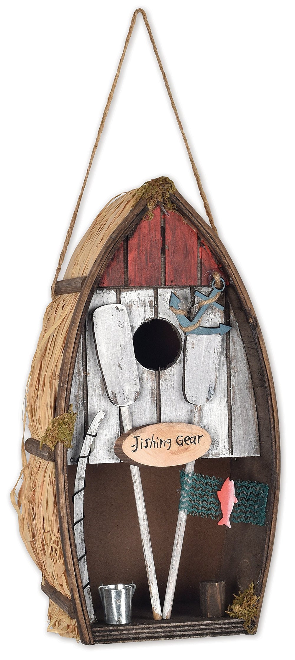 Sunset Vista Designs decorative rowboat birdhouse front view with fishing gear details