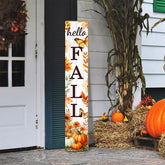 SUZEJHE Hello Fall Porch Sign front view with pumpkin and maple leaves