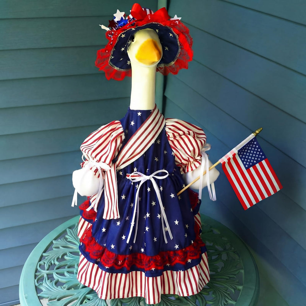 Suzile Patriotic Goose Costume navy blue dress with red and white striped sleeves