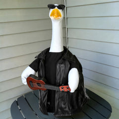 Suzile Porch Goose Costume Set front view with leather jacket and ukulele