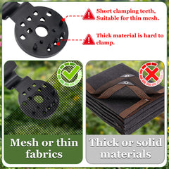 Svepndic shade cloth clips in use on a garden netting
