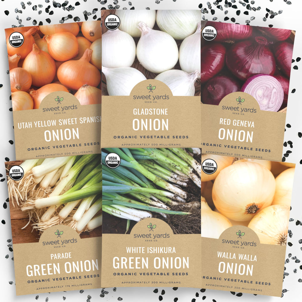 SWEET YARDS Organic Onion Seeds Variety Pack front view with packaging