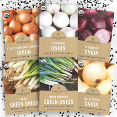 SWEET YARDS Organic Onion Seeds Variety Pack front view with packaging