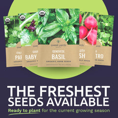 SWEET YARDS seed packets displayed on a kitchen windowsill