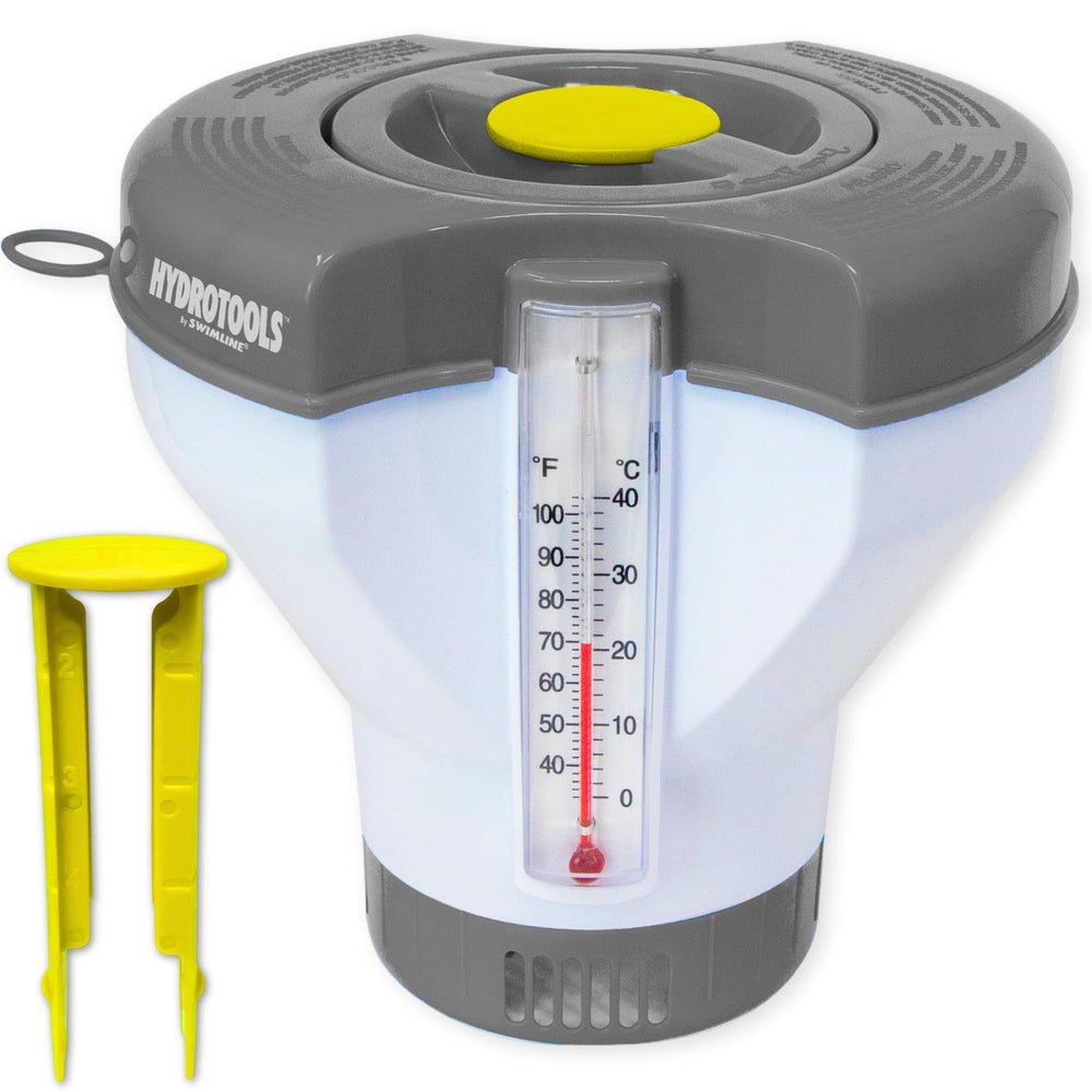 Swimline chlorine tablet dispenser with thermometer and yellow tongs