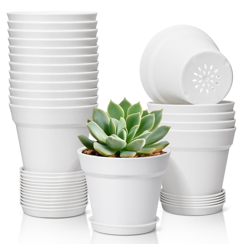 T4U 4 inch small plant pots with saucers in white, front view