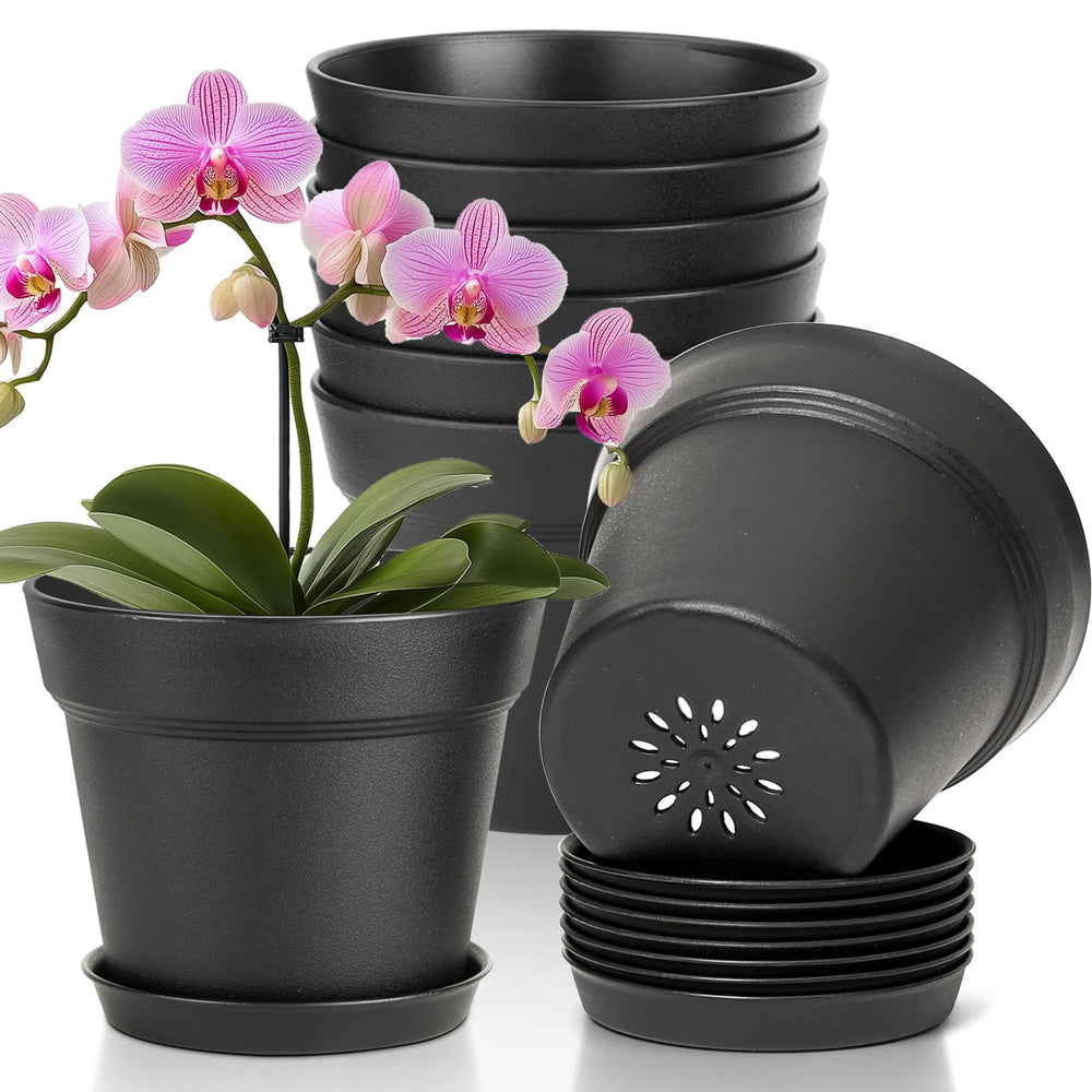 T4U 6 inch black plant pot front view with matching saucer