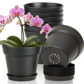 T4U 6 inch black plant pot front view with matching saucer