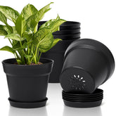 T4U 7.5 inch black flower pot front view with drainage holes