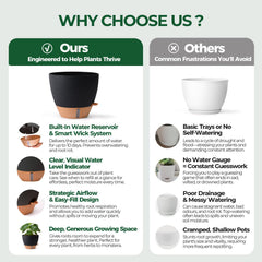 T4U Self Watering Pot 12 Inch Black on a balcony with greenery