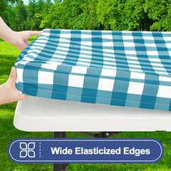Table cover and bench covers setup for picnic on outdoor table