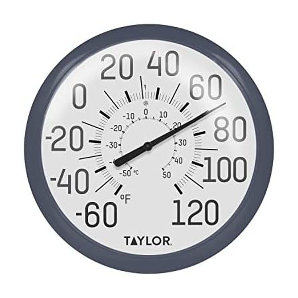 Taylor 13.25 Inch Indoor Outdoor Dial Thermometer front view with navy bezel