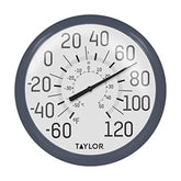 Taylor 13.25 Inch Indoor Outdoor Dial Thermometer front view with navy bezel