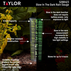 Taylor Rain Gauge with glow-in-the-dark feature visible at night