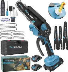 TEEANEES Mini Chainsaw blue model front view with 8-inch and 6-inch guide bars