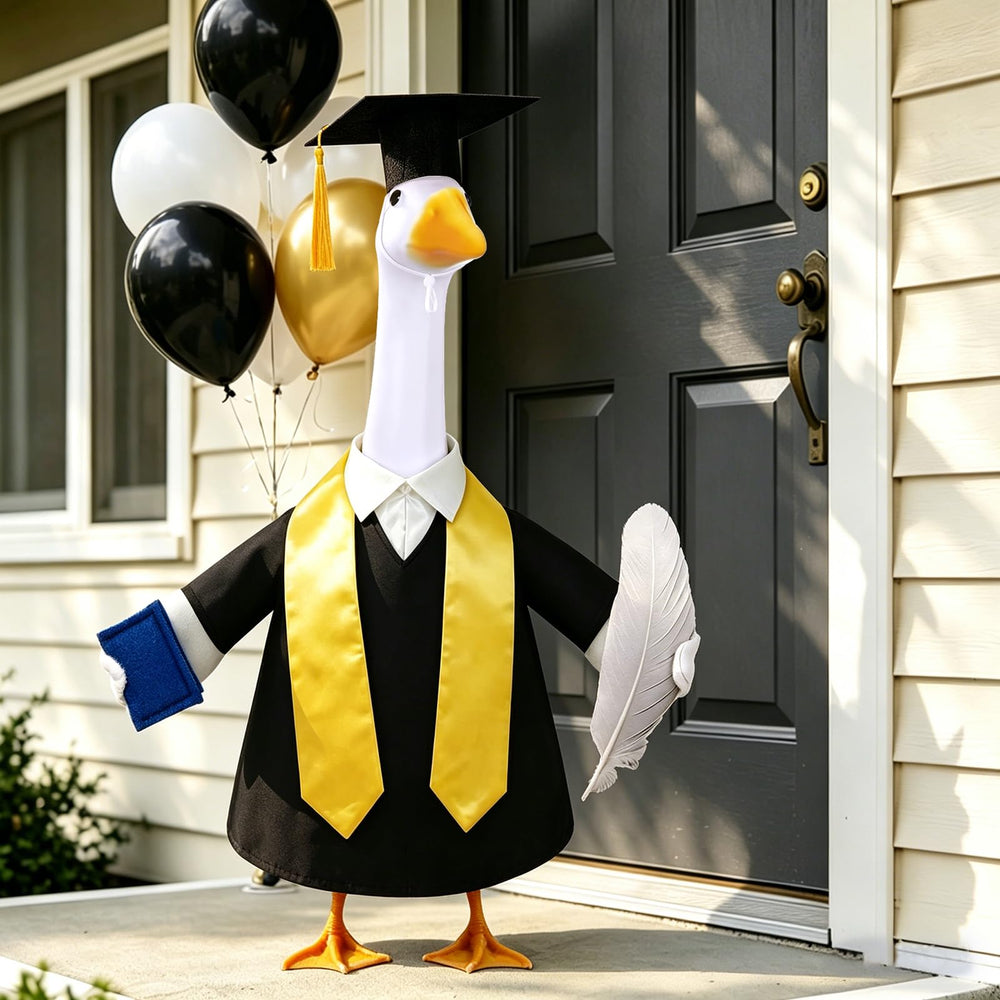 Teeanzo Graduation Goose Outfit black gown with cap and book