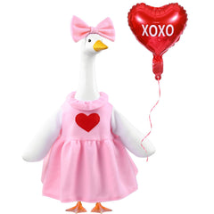Teeanzo Valentine's Day Goose Outfit with pink bow and red heart balloon