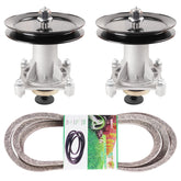 TENGMUJX Mower Deck Spindle Kit components including 2 spindles and 2 pulleys