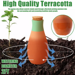 Terracotta watering spikes displayed in a garden setting