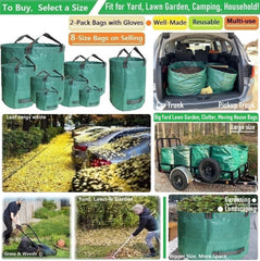 Tespher 137 Gallon Lawn Garden Bag side view with gardening gloves