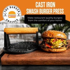 The Burger Smasher cast iron burger press with patty paper