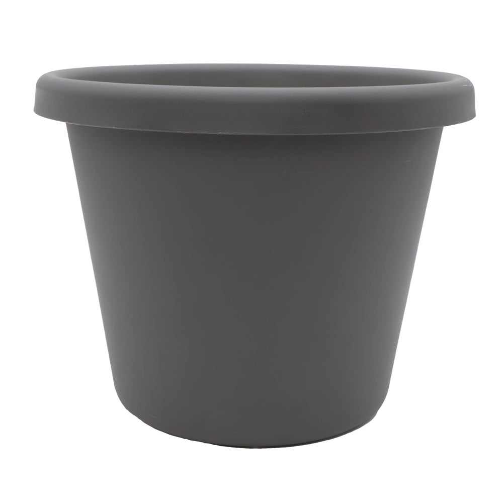 The HC Companies 8.5 inch round plastic plant pot in warm gray front view